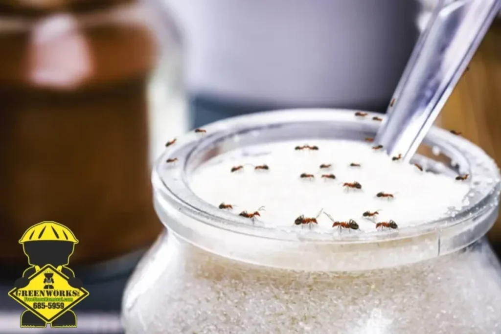 ants eating sugar inside an open jar